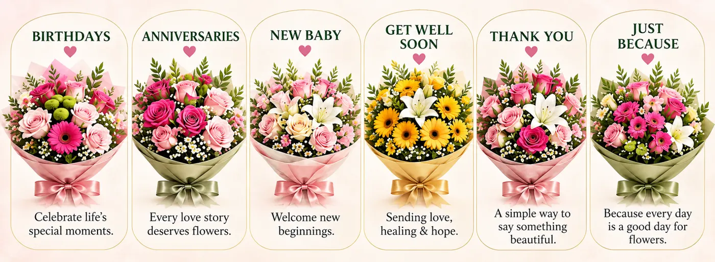 Flower arrangements for birthdays, anniversaries, new babies, get-well wishes, thank-you gifts and just because