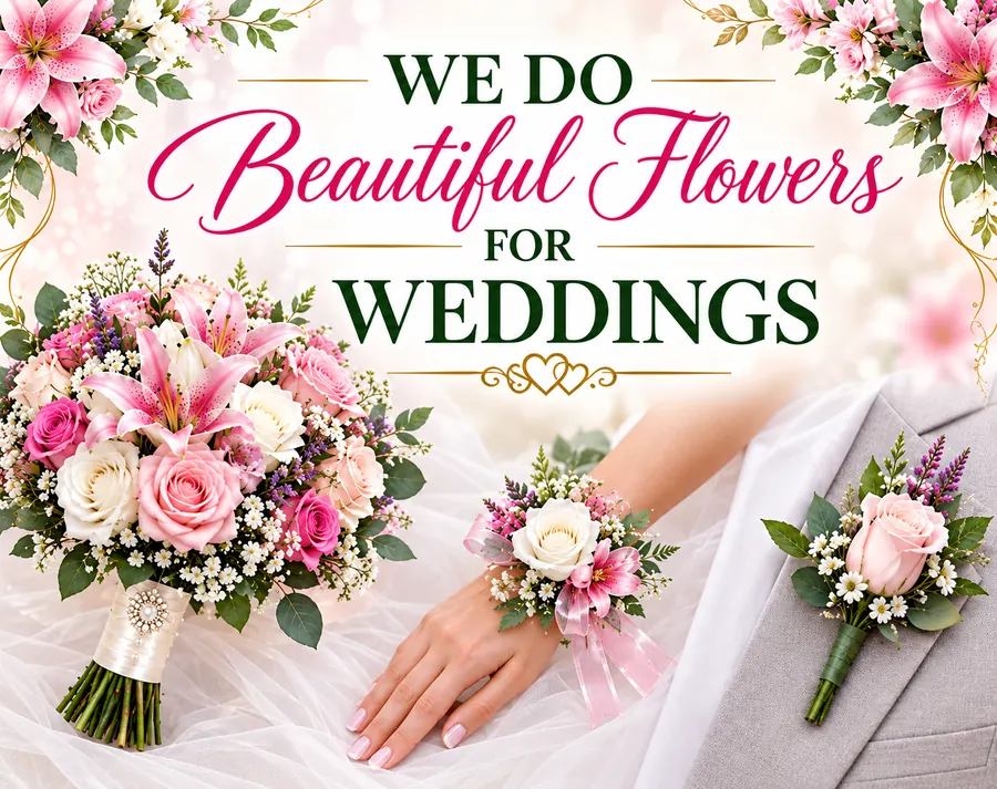 Wedding flower arrangements: bridal bouquet, wrist corsage and buttonhole