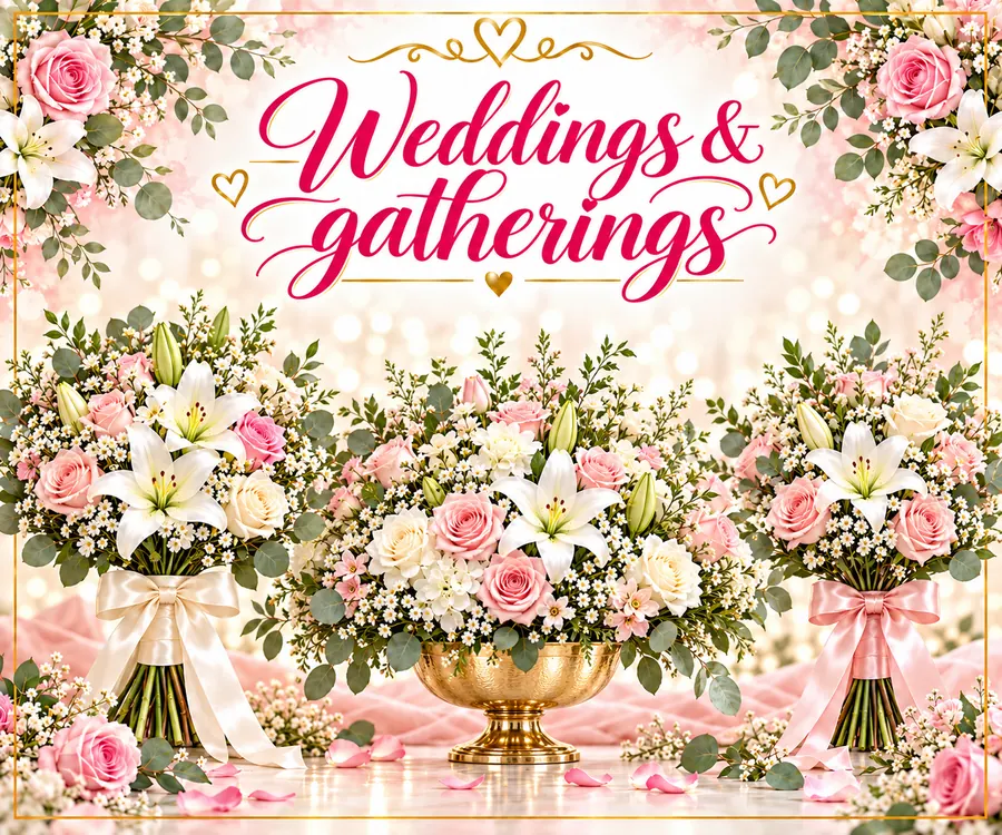 Weddings and gatherings: bouquets and a gold bowl floral centrepiece